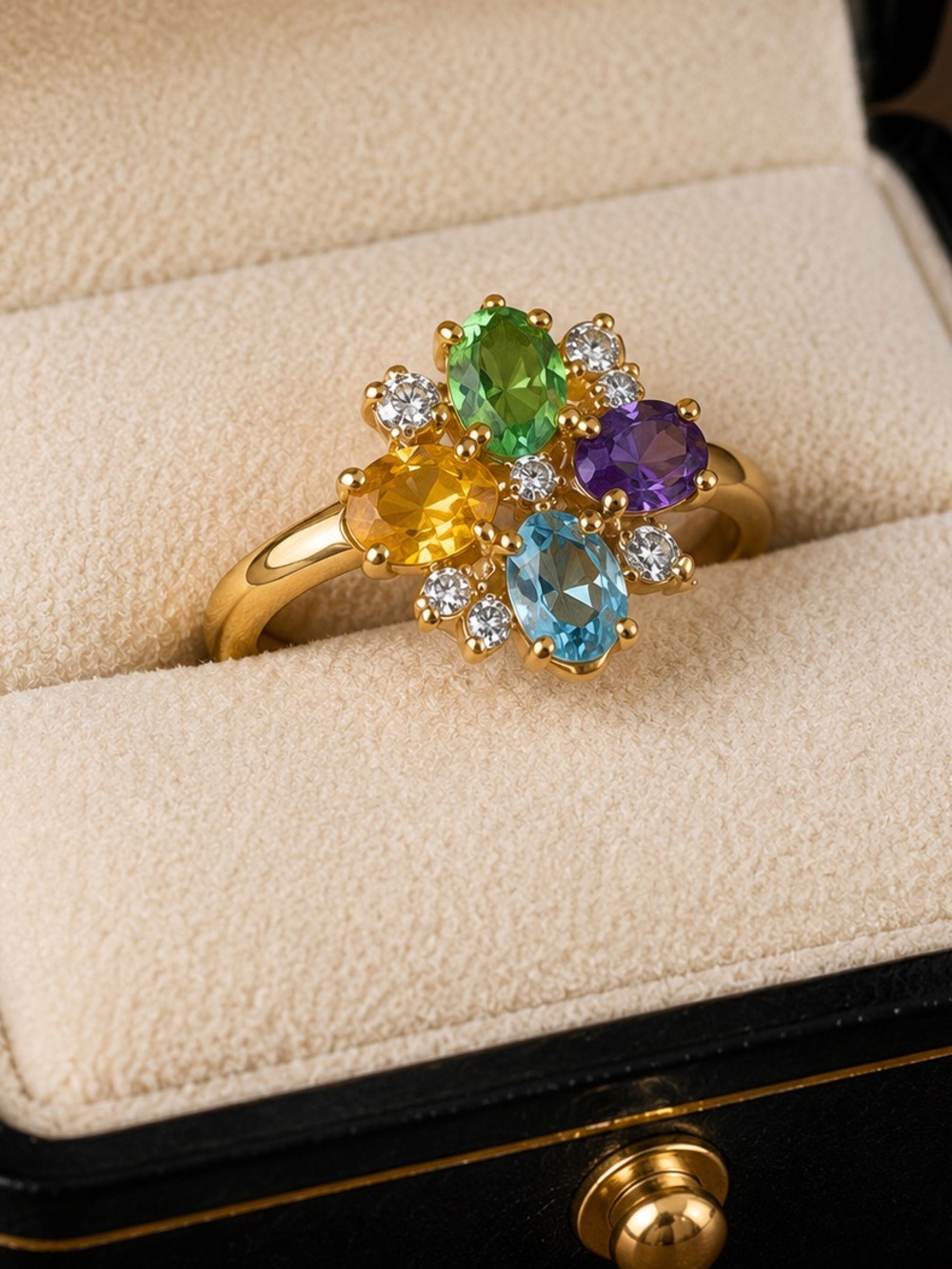 SETA Signed Gold Tone Multi-Gemstone & Uranium Glass Floral Ring